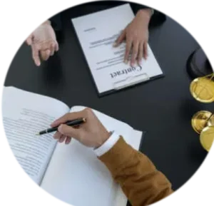 Un avocat et un client assis à une table, discutant avec un stylo et du papier devant eux.