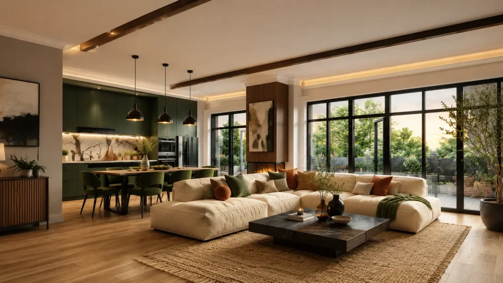 Salon lumineux d'un appartement meublé à Cannes, avec canapé d'angle, coin repas et baies vitrées ouvertes sur un jardin : un bien prêt à la location
