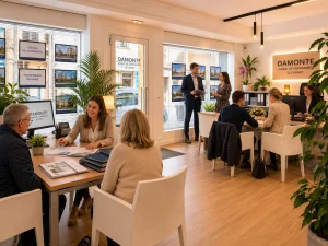 Bureau propre avec de nombreuses plantes et meubles, appartenant au cabinet syndic Damonte.