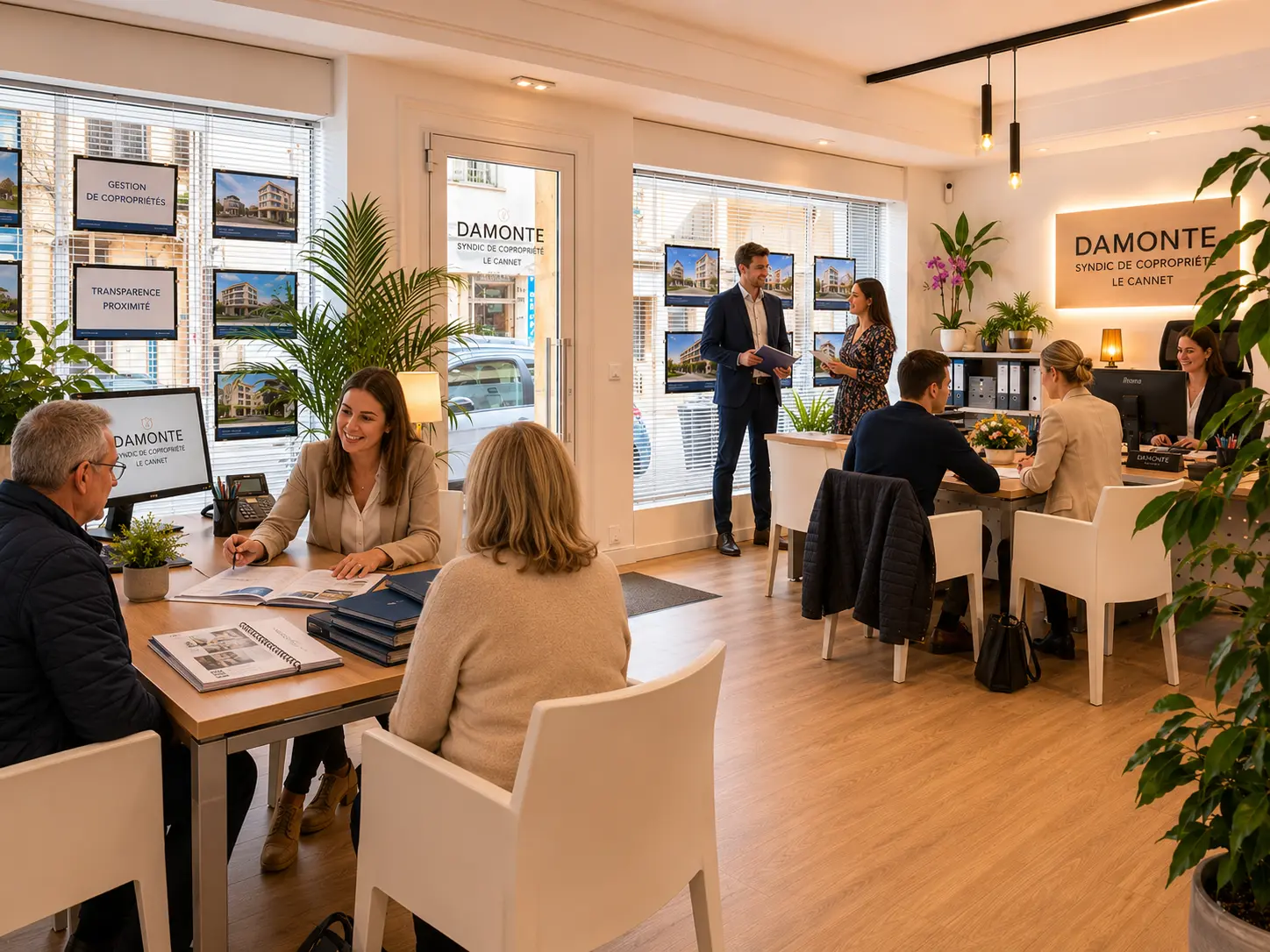 Bureau propre avec de nombreuses plantes et meubles, appartenant au cabinet syndic Damonte.