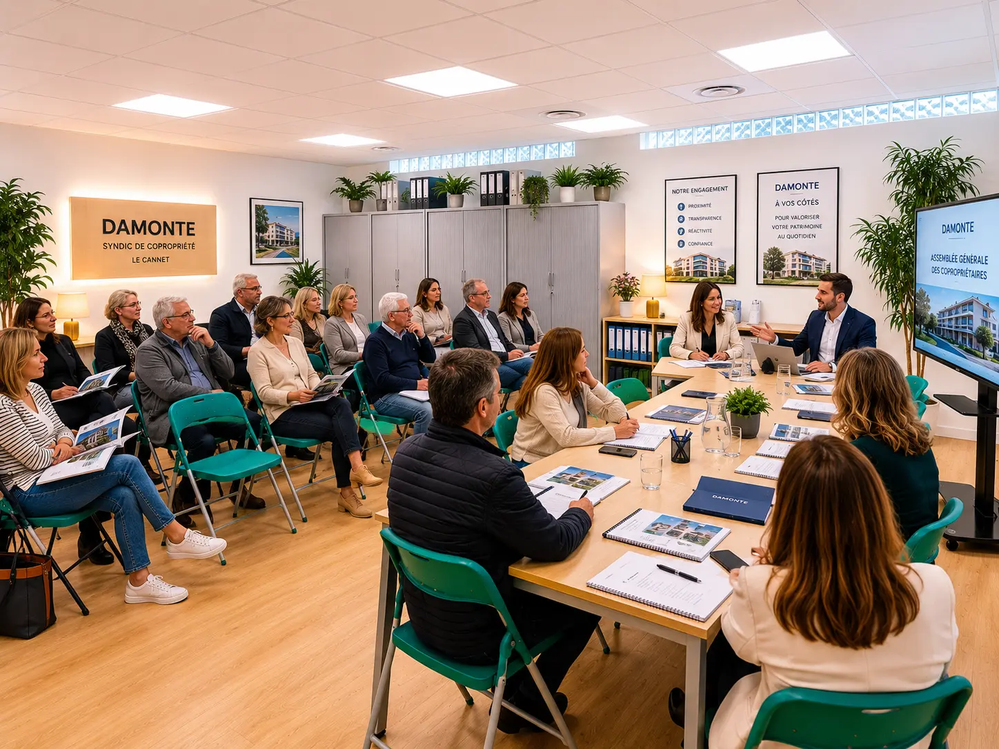 Réunion dans une salle de conférence avec des participants autour d'une table pour discuter des affaires du cabinet syndic.